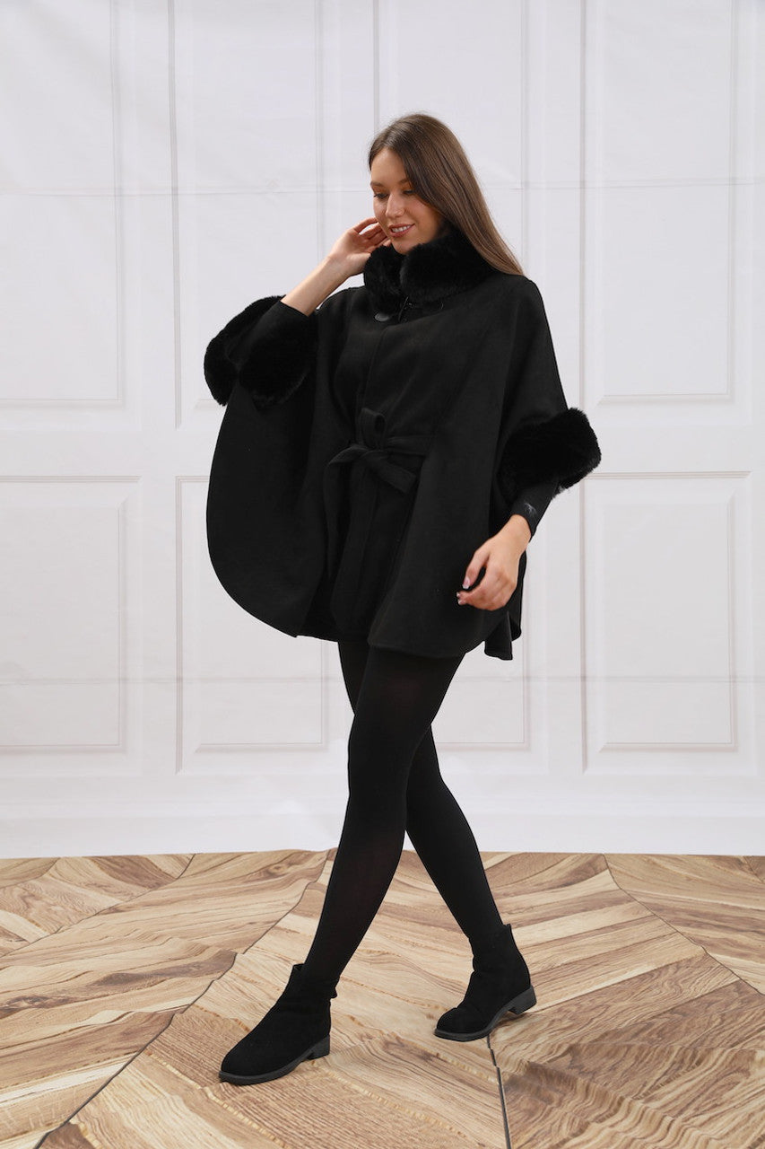 Faux Fur Belted Cape (CT-300)