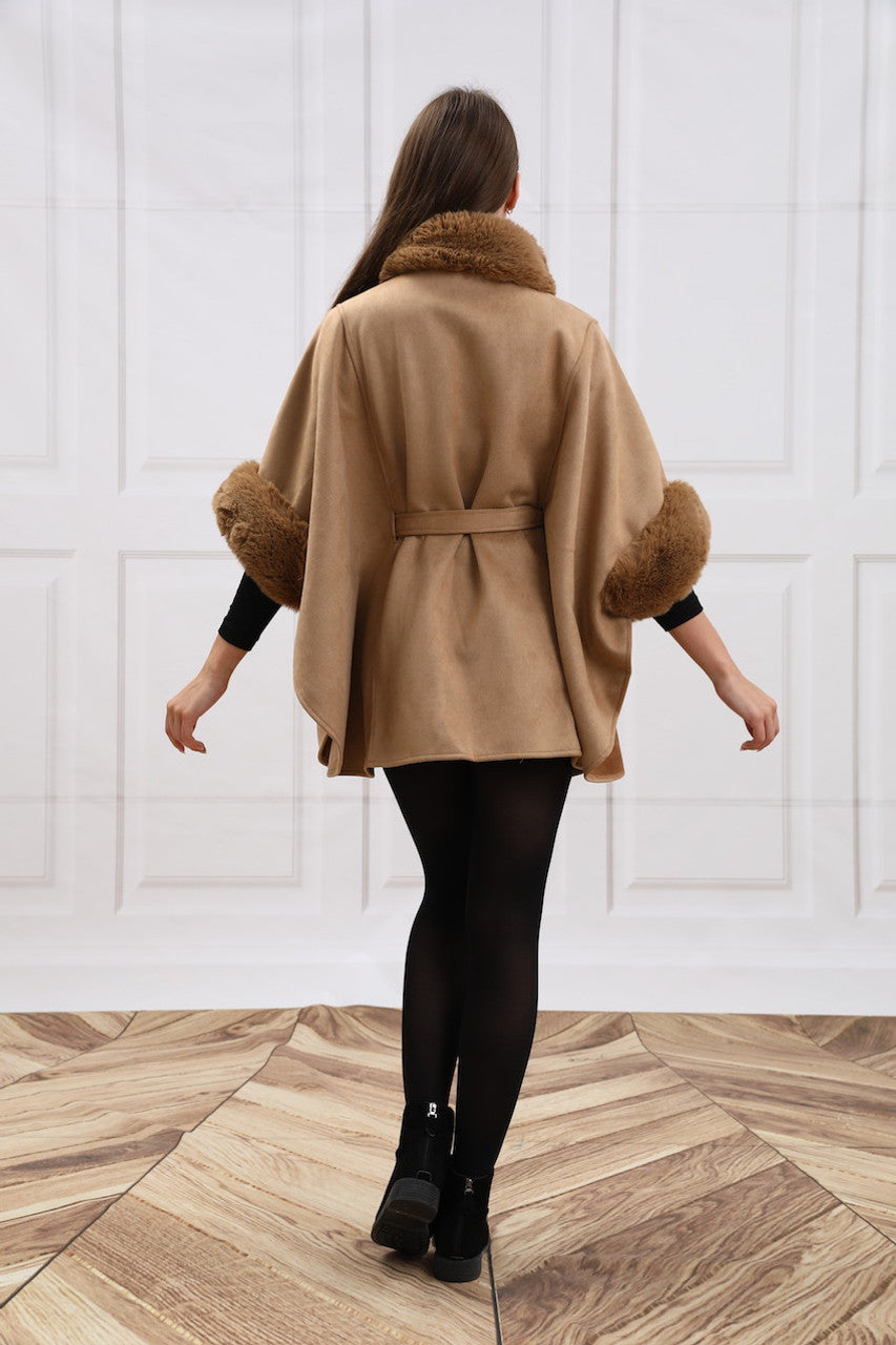 Faux Fur Belted Cape (CT-300)