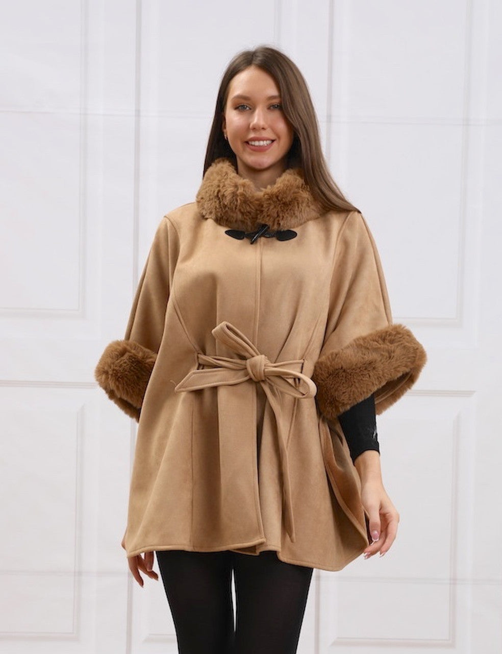 Faux Fur Belted Cape (CT-300)