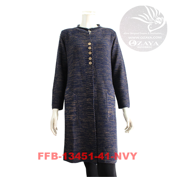 Women's Knitted Sweater Coat with Round Neck, Front Buttons & Side Pockets  (FFB-13451)