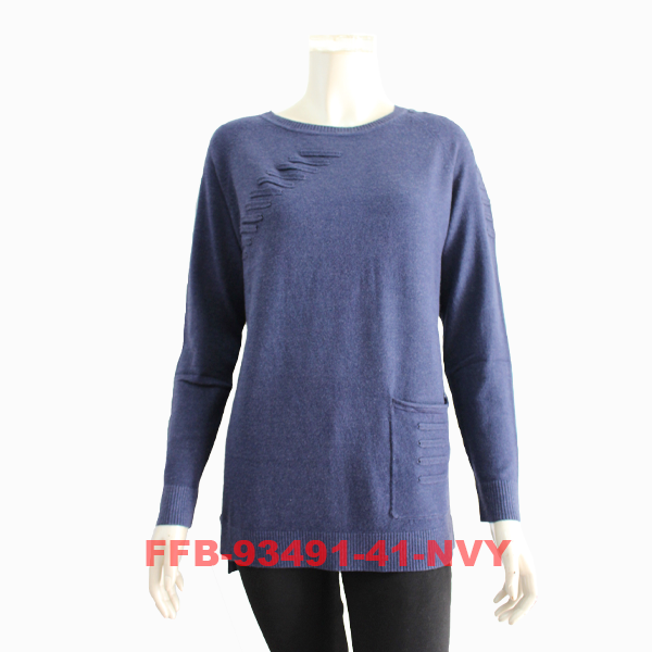 Women's Solid Color Sweater with Round Neck & Left-Side Pocket (FFB-93491)