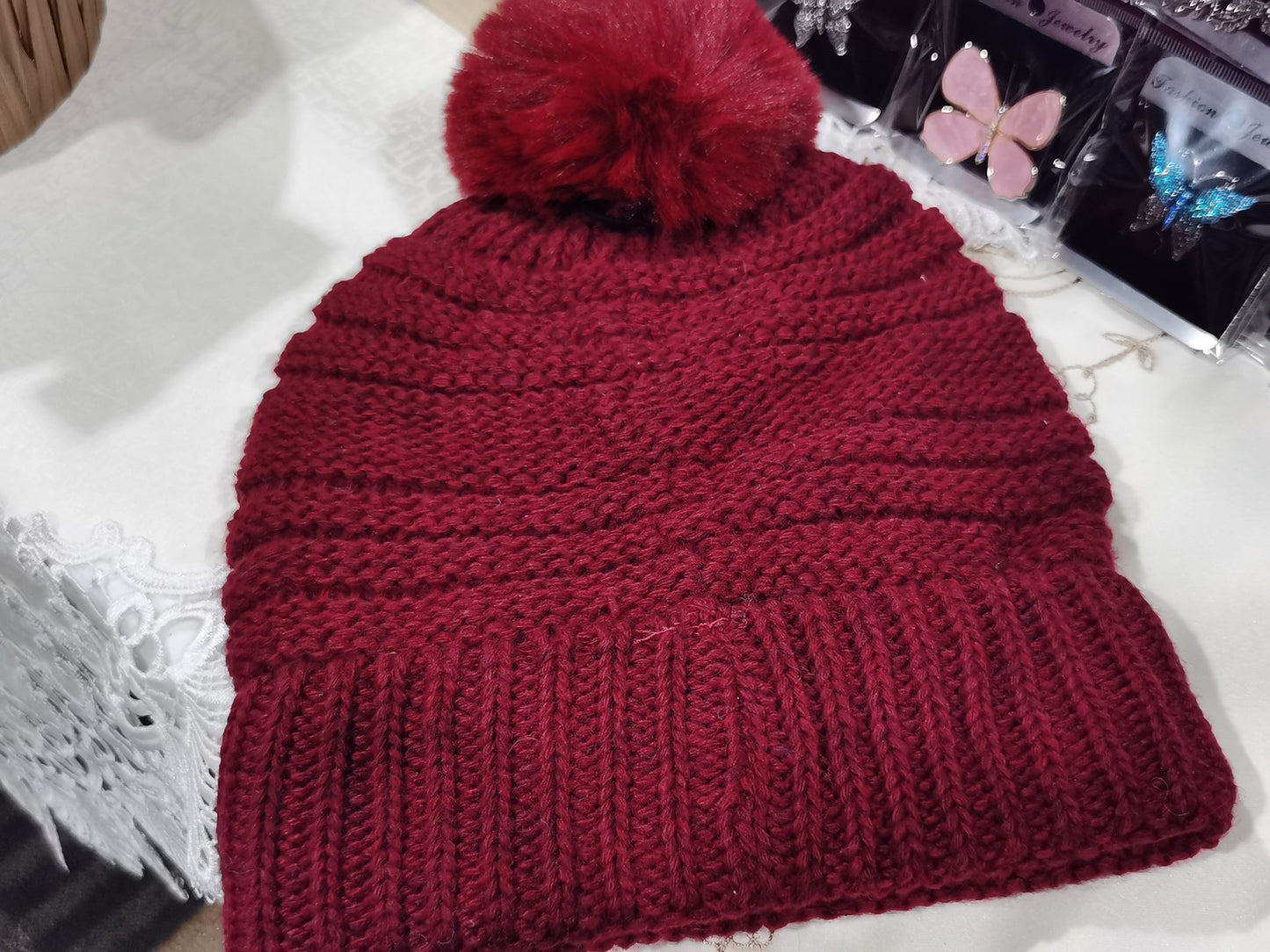 Fleece Pompom Hat with Button One Size (KH058)