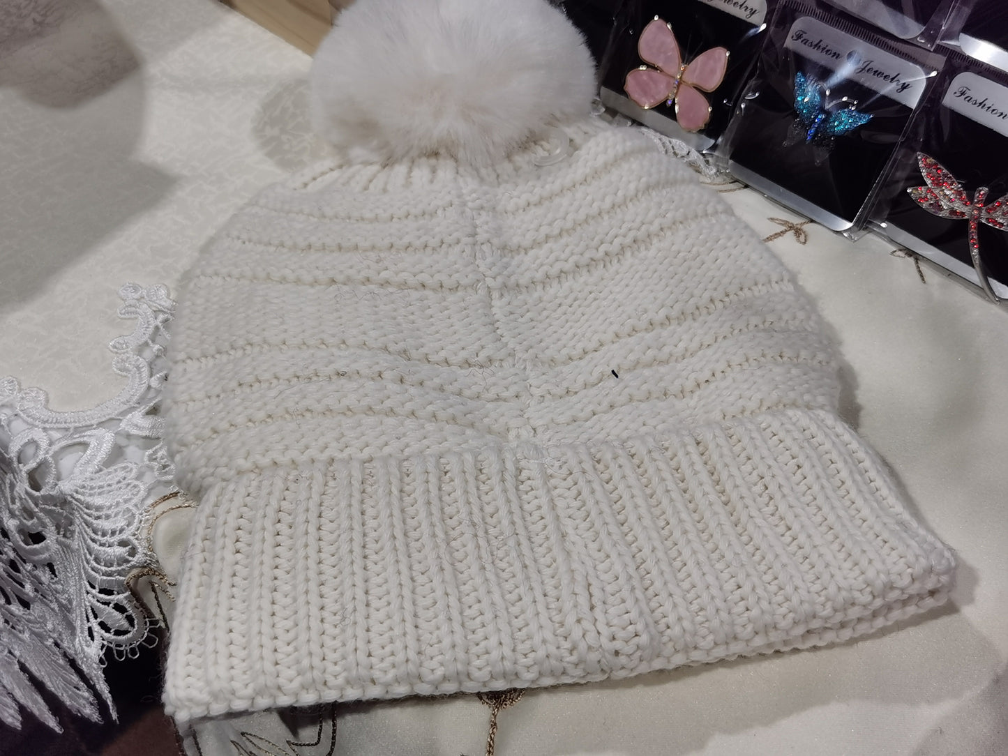 Fleece Pompom Hat with Button One Size (KH058)