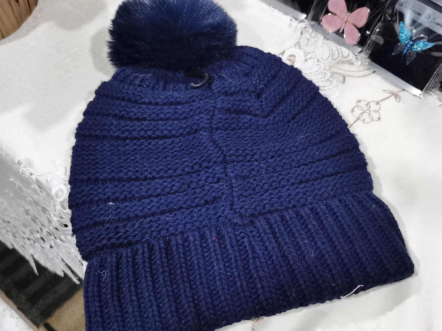 Fleece Pompom Hat with Button One Size (KH058)