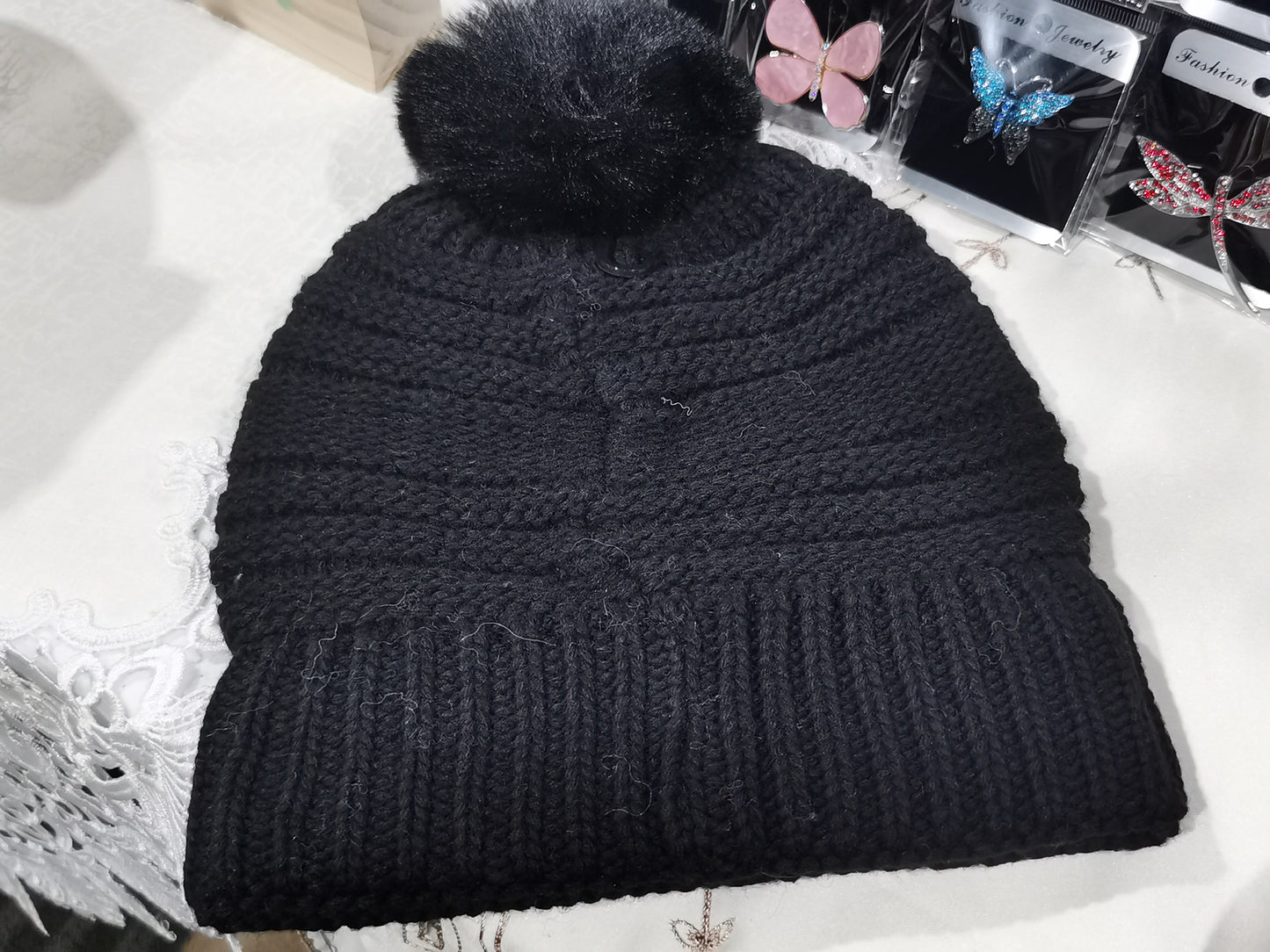 Fleece Pompom Hat with Button One Size (KH058)