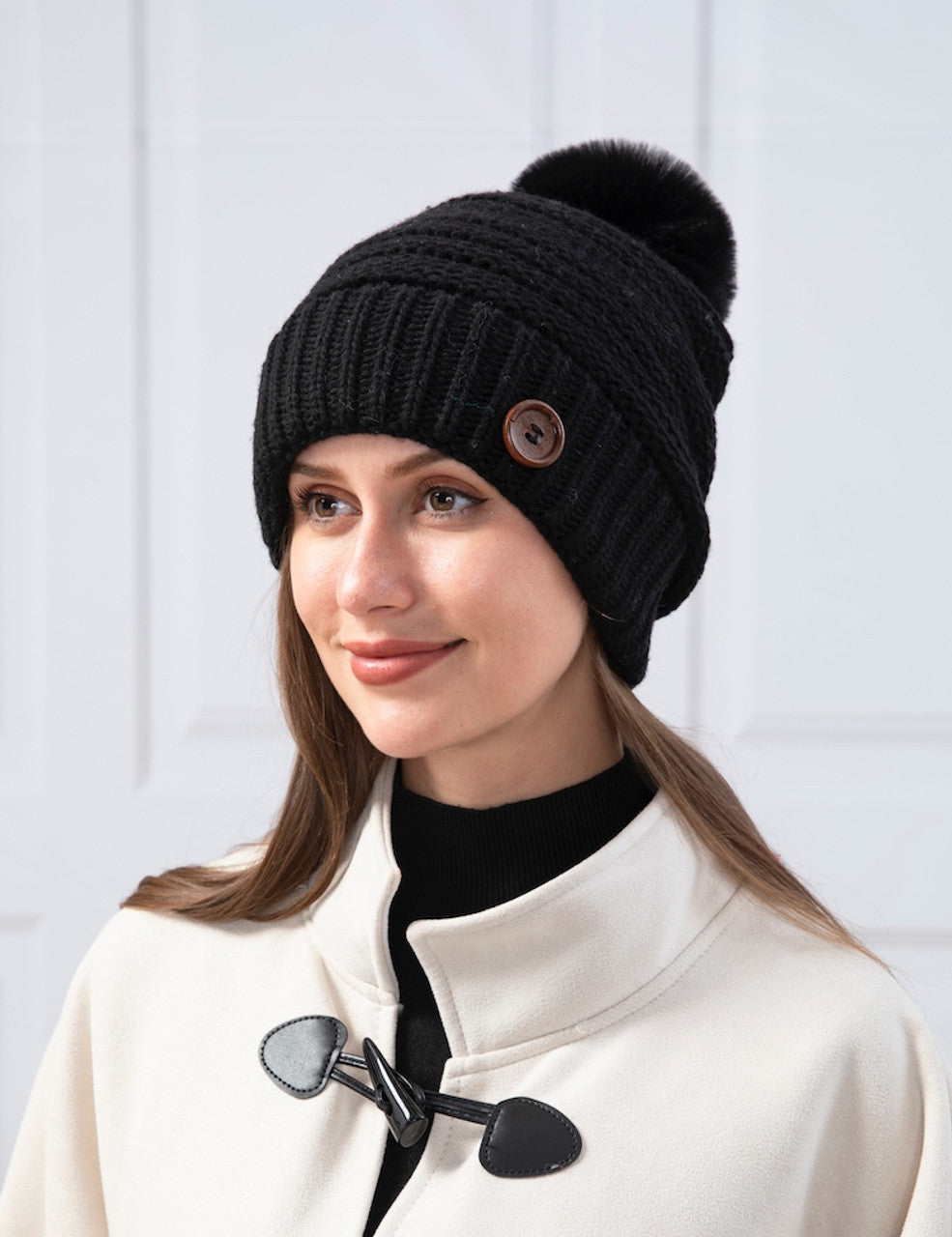 Fleece Pompom Hat with Button One Size (KH058)