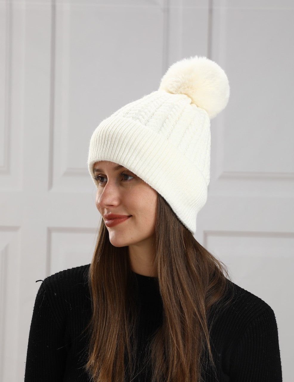 Fleece Pompom Hat with Button One Size (KH058)