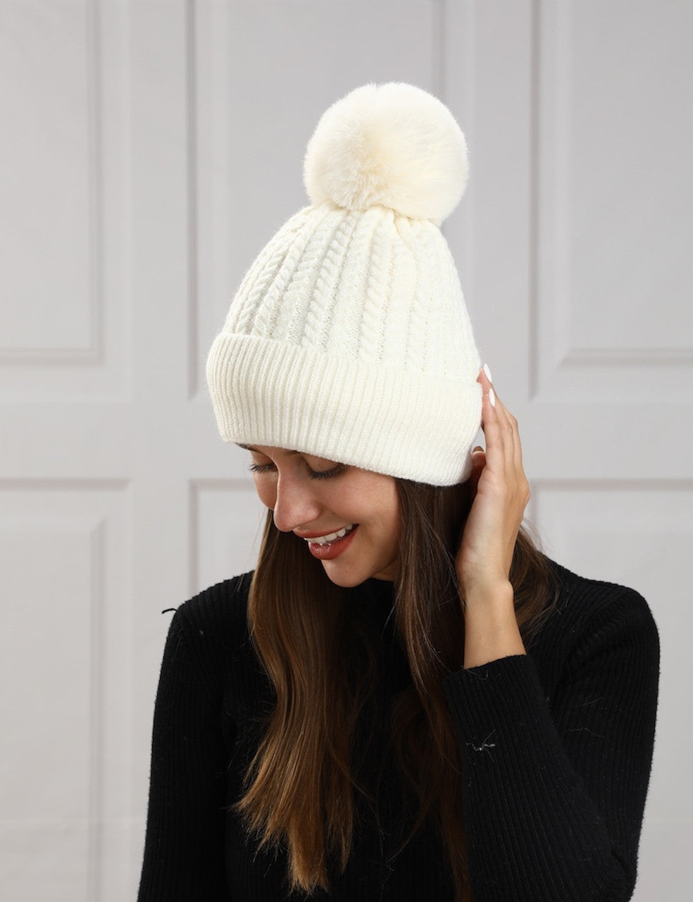 Fleece Pompom Hat with Button One Size (KH058)