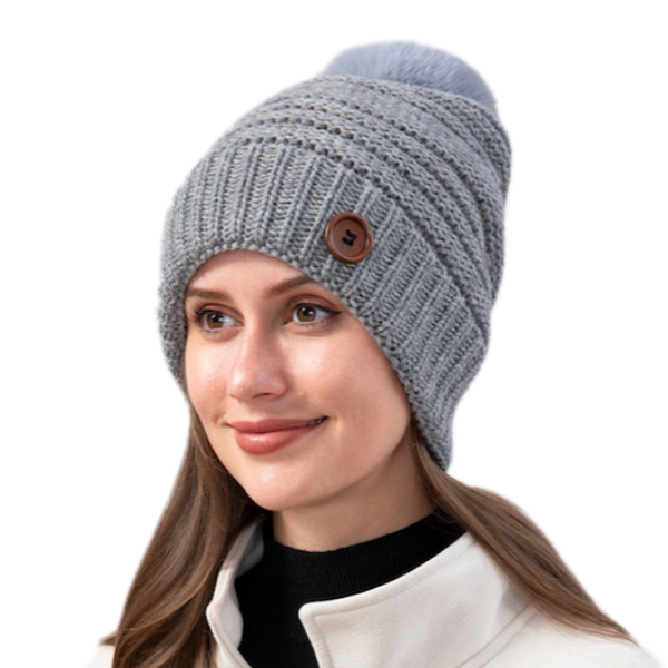 Fleece Pompom Hat with Button One Size (KH058)