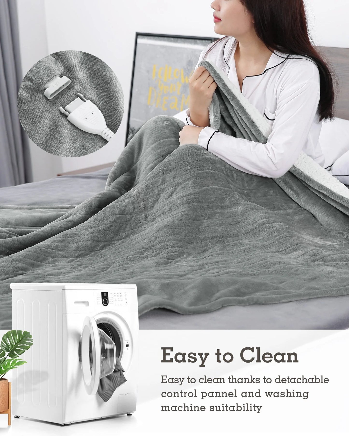 50" x 60" Cozy Soft Lleece Electric Blanket - Grey